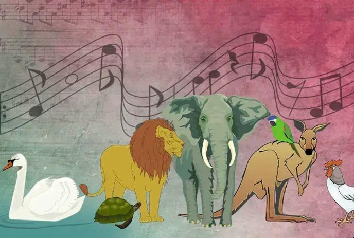 A group of animals with musical notes in the background.