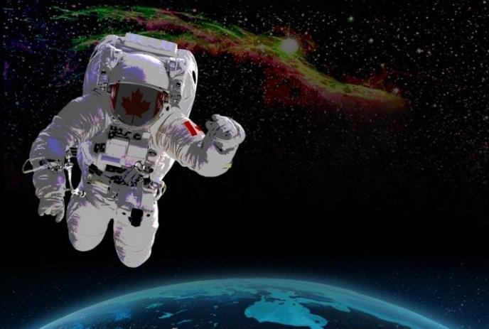 An astronaut in a spacesuit with a Canadian flag patch floats in space above Earth.