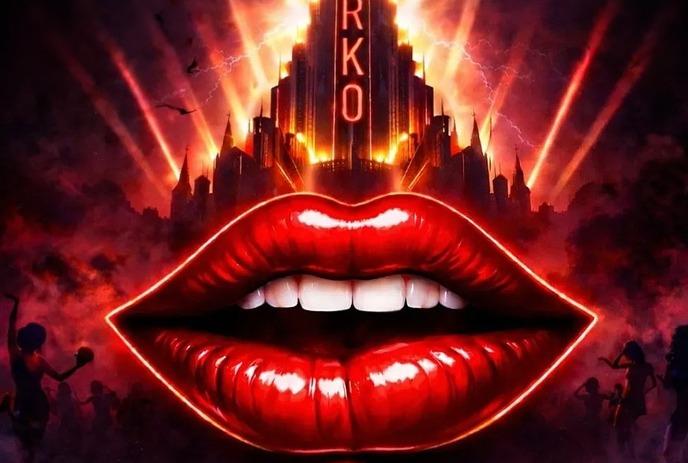 Large red lips before glowing tower with silhouetted figures dancing in smoky scene.