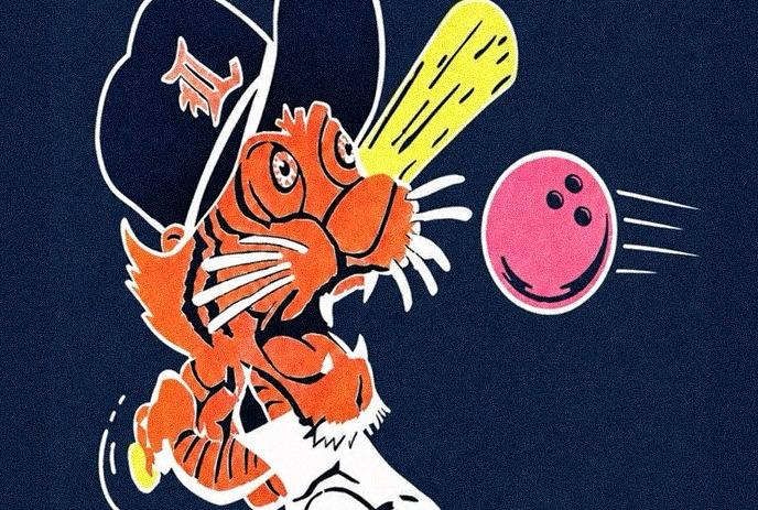 Cartoon tiger in cap swings bat to hit flying pink bowling ball against dark blue background.