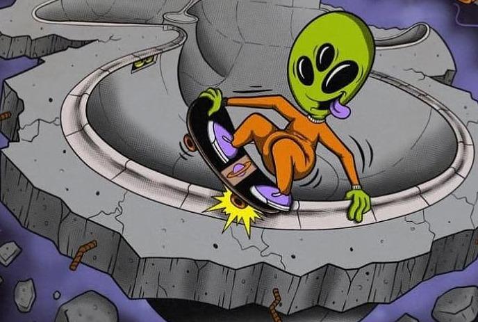 Illustration of a three eyed alien skateboarding in space
