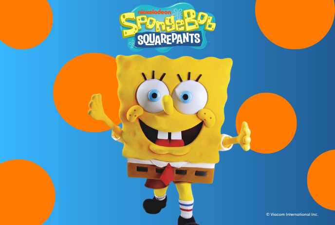 SpongeBob with open arms in front of a blue background with spots.