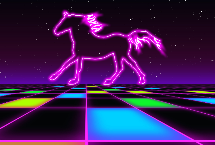 A neon pink horse silhouette gallops across a colorful, grid-patterned dance floor under a starry purple sky.
