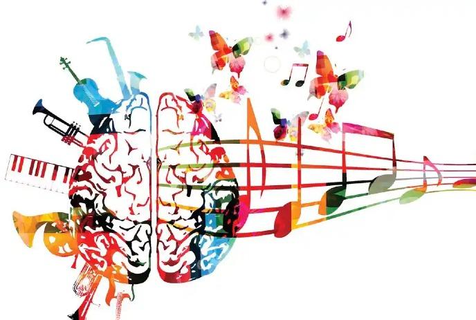 An illustration of a colourful human brain, surrounded by musical notes and instruments.