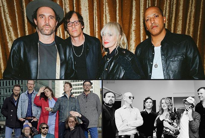 Four people stand side by side against a brown curtain backdrop. They wear black leather jackets, with neutral expressions.