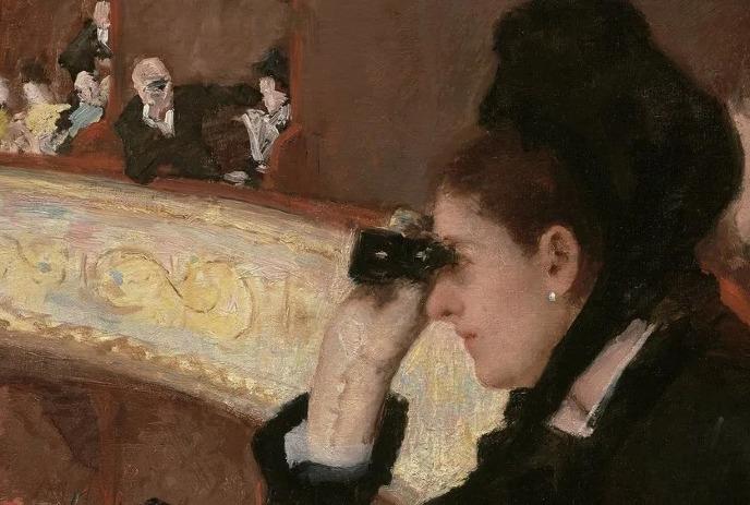A person peering through opera glasses, being watched by another person further over.
