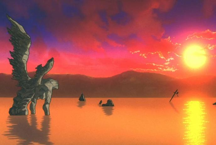 Winged stone figure in water at vivid sunset with rocks cross shape and glowing sky reflections around.