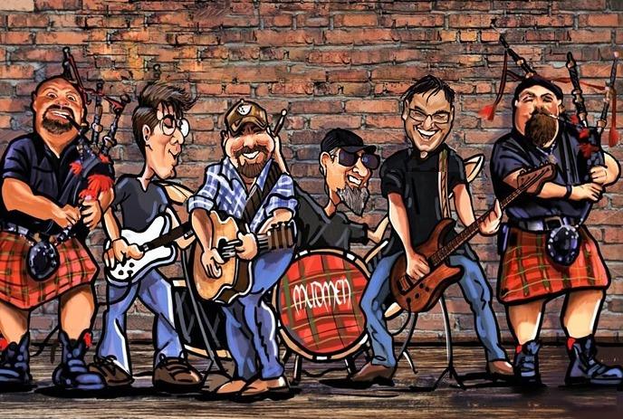 Illustration of the Mudmen band in kilts, playing various instruments including bagpipes.