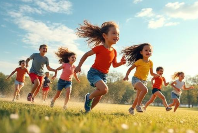 Children running on green field under bright blue sky, joyful summer play in sunlight.