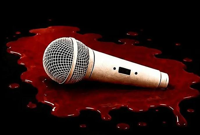Microphone lying in a pool of red liquid on a dark surface, symbolizing silenced speech and loss.
