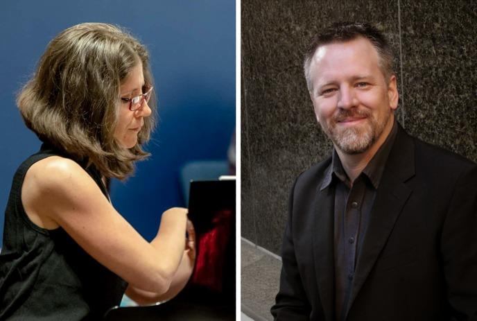 Erika Crinò plays piano, while Brett Kingsbury poses in a suit.