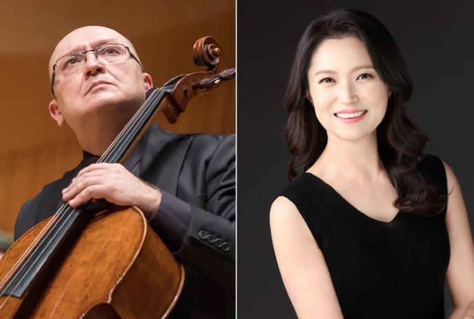 Headshots of Suren Bagratuni and Kyung Kim, Suren holding his Cello.