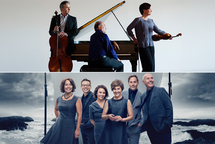 Two musical groups: trio with piano, cello, violin in studio; six artists by ocean in matching outfits posing for a picture.