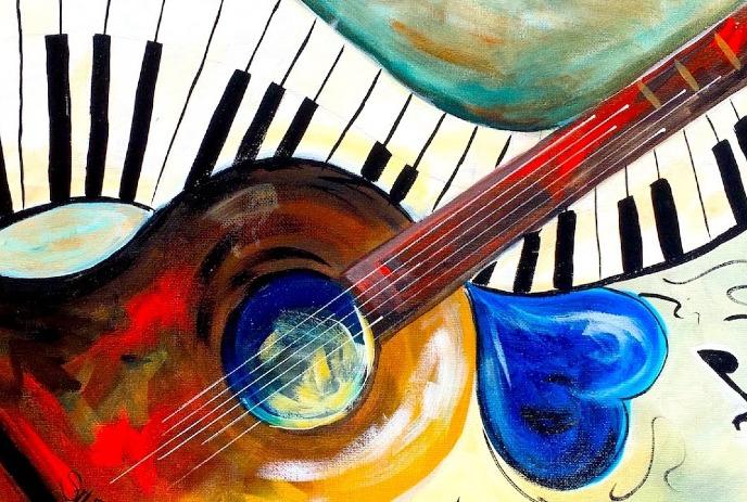 A vibrant abstract painting of a guitar, piano keys, and musical notes, capturing the energy of music.