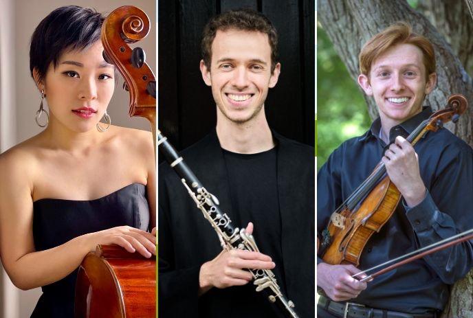 Three musicians in a collage with their instruments, posing for a picture.