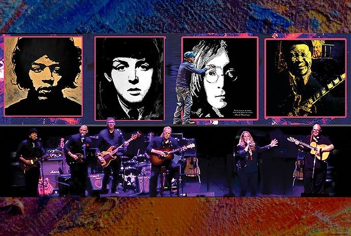 A band performs live as Paul Murray paints iconic music legends above the stage.