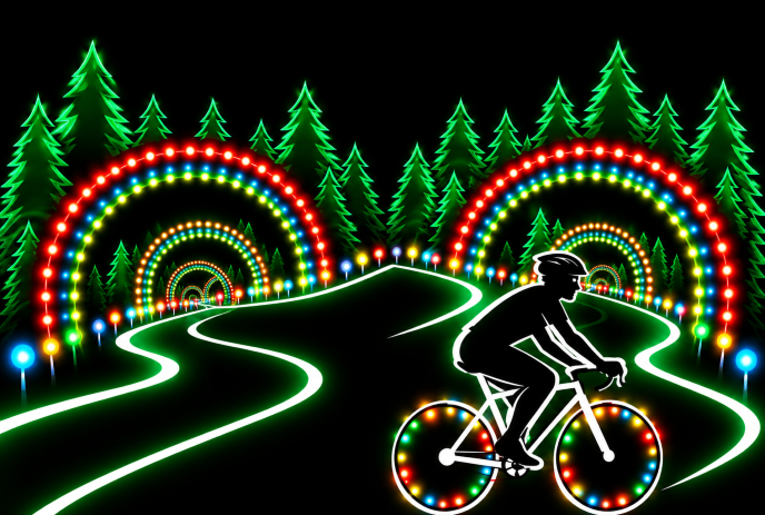 Cyclist rides a glowing forest path beneath colorful light arches, with neon trees and curves.