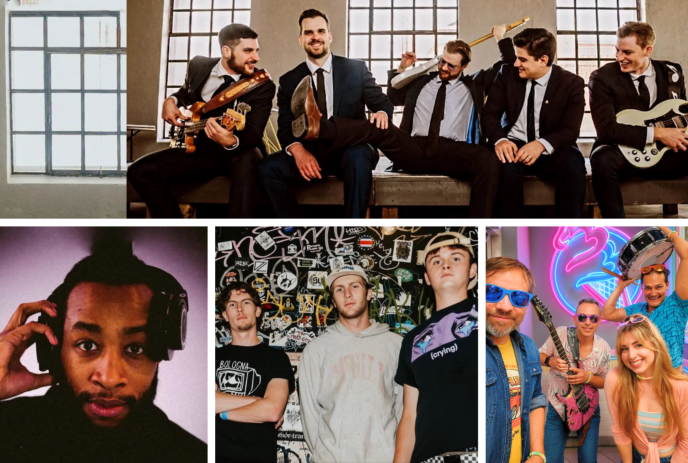 A collage photo of Sweet Theory Band, Full Throttle, Turning Corners, and DJ Deem.