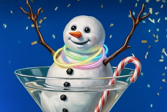 Snowman in martini glass with glow necklaces, candy cane and confetti festive winter party vibe.