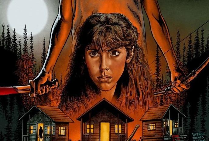 Illustrated horror poster of a woman, cabins, moonlit forest, and figure holding bloody knives.