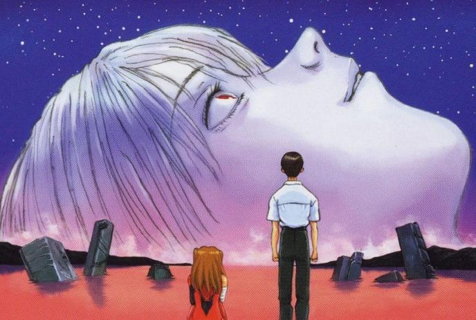 Two figures stand before huge pale face in red water with dark monoliths under starry sky.