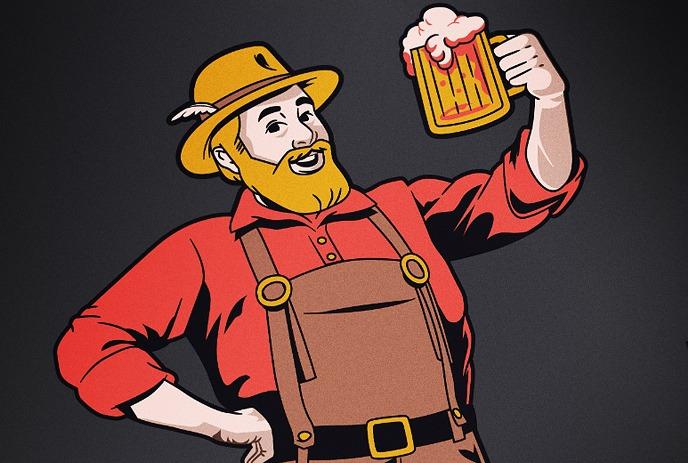 Cartoon man with beer mug at lively Oktoberfest tent, crowd celebrating with drinks and lights.