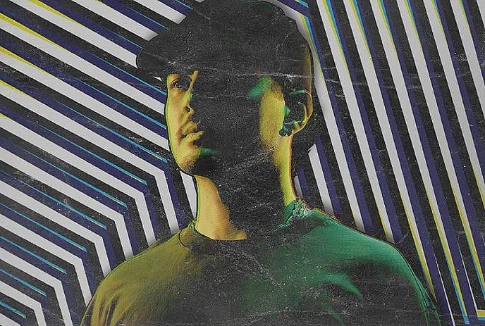 A colourful portrait of OMNOM wearing a hat, in front of a striped pattern background.