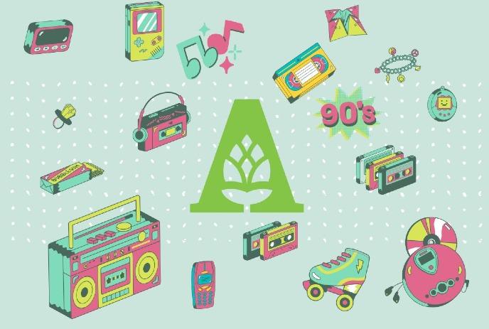 90s icons like a boombox and VHS tapes surround a green 