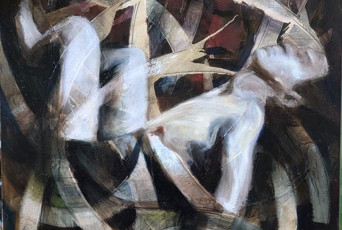 Abstract painting of a pale reclining figure, fragmented by dark geometric forms, swirling strokes, and ghostly motion.