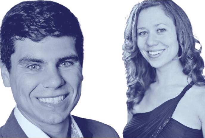 Two individuals, men in a suit and the woman in a formal gown smiling under a white background.