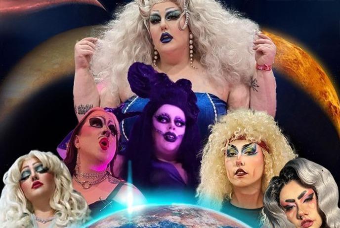 Group photo of drag queens above the earth.