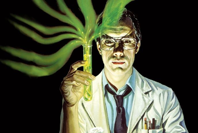 Scientist in white lab coat holds glowing green test tube emitting vapor, under a dark background with dramatic lighting.