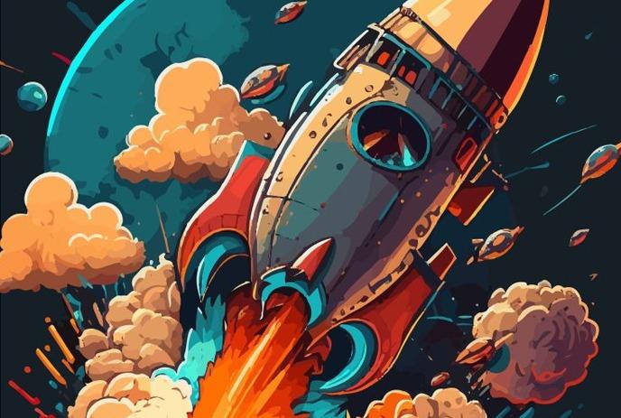 Rocket launches upward with fiery trail, surrounded by clouds, spacecraft, and planet in vibrant space scene.