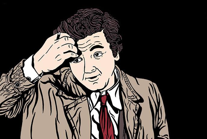 A cartoon of a puzzled curly-haired man in a trench coat scratching his head on black background.