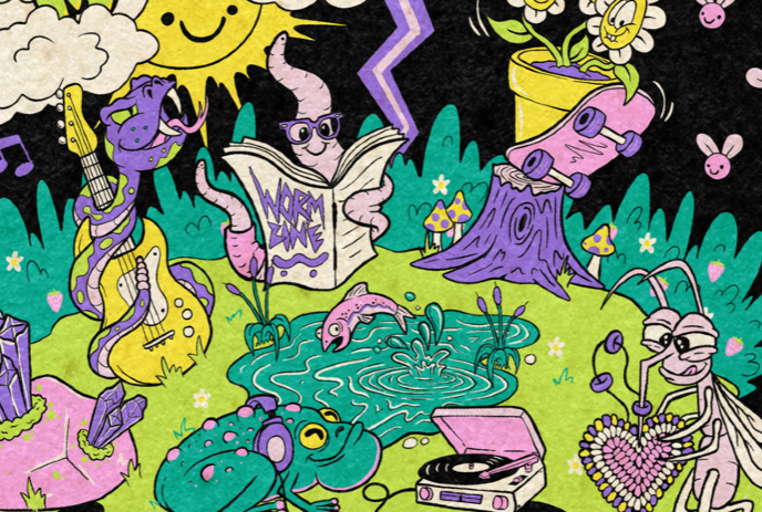 Funky forest vibes illustration with snake, frog, bugs and fish.