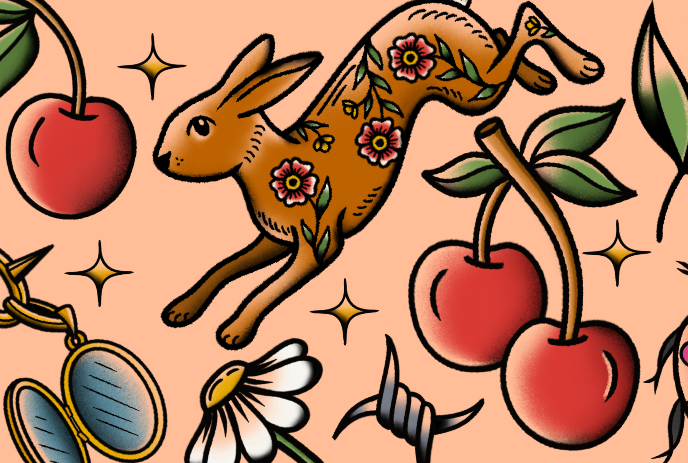 A floral-patterned rabbit leaps among cherries, daisies, a locket, barbed wire, and sparkles on a peach background.