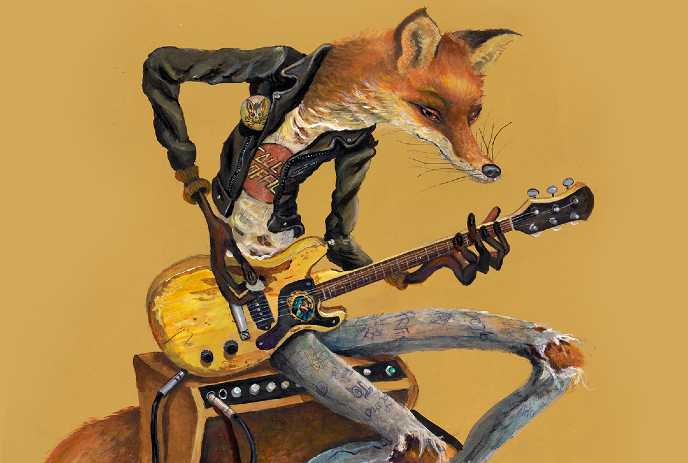 Anthropomorphic fox in leather jacket plays worn electric guitar while seated on amplifier against tan backdrop.