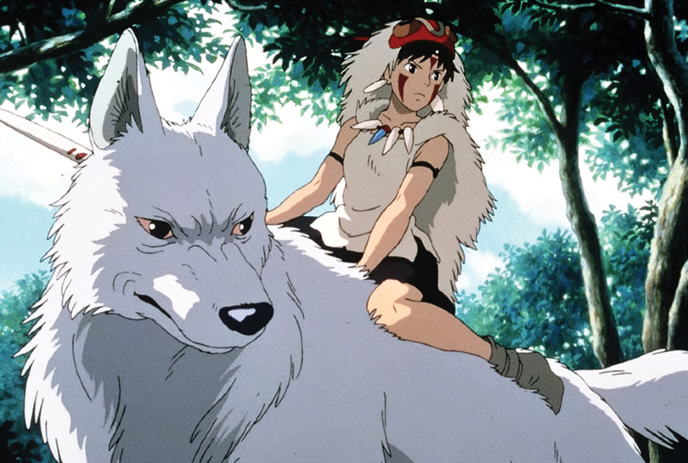 Cartoon image of person riding a large white wolf in the woods.