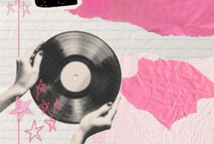 Hands holding a vinyl record against layered torn paper background with pink stars creating a playful collage.