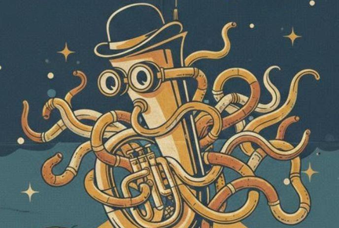 Whimsical brass instrument figure with tentacle limbs wearing hat and glasses floating against a starry sky.
