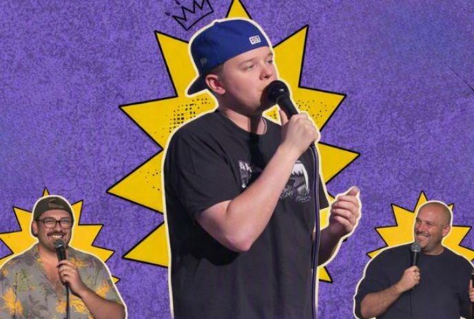 Three comedians perform with microphones before purple backdrop featuring bright yellow starbursts and lively tone.
