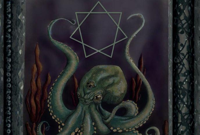 Green octopus with tentacles sits in dark scene beneath geometric star and framed border.