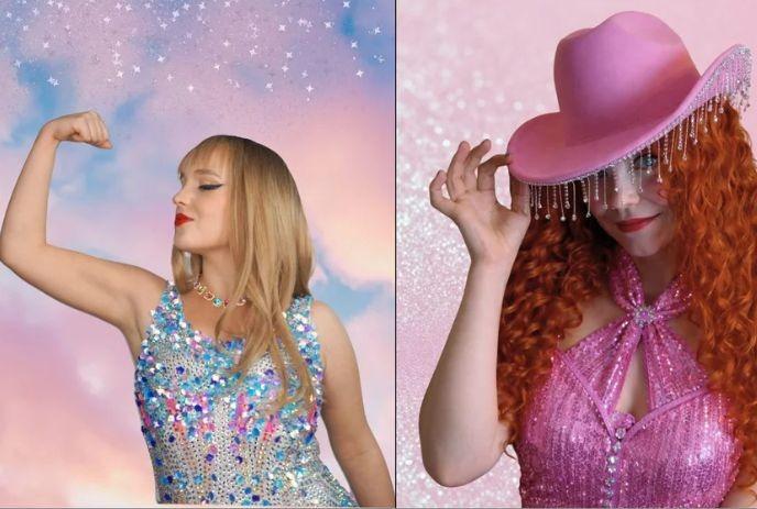 Two artists pose in sparkly outfits against pastel skies and glittery pink backdrop panels.