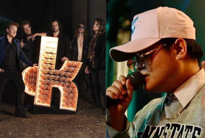 Five artists pose near lit metal OK sigh while singer in cap performs with mic.