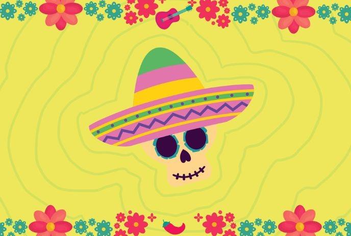 Festive skull in bright sombrero surrounded by flowers guitar and chili on warm yellow patterned backdrop.