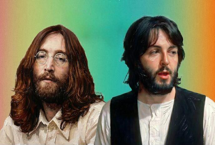 Painting shows two long haired bearded figures in light shirts before smooth orange-green blue gradient.