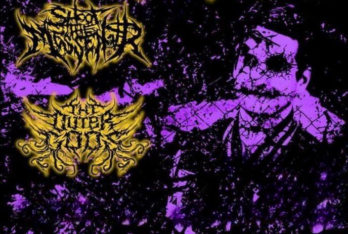 Purple splattered figure in suit stands against dark backdrop with sharp ornate yellow band logos.