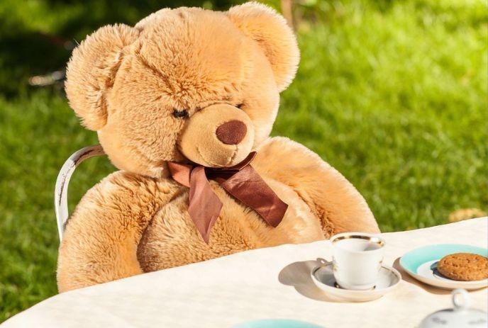 Large teddy bear sits at outdoor table with coffee cookie and plate on white cloth in garden.