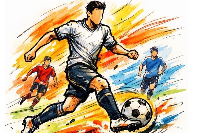 Energetic faceless soccer players in motion with vivid brushstroke colors showing speed and intensity.
