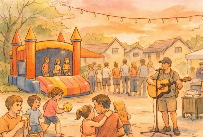 Warm sunset block party scene with musician, bounce house, and families enjoying food and games together